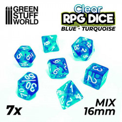 7x Dados Mix 16mm - Azul/Turquesa Transparente